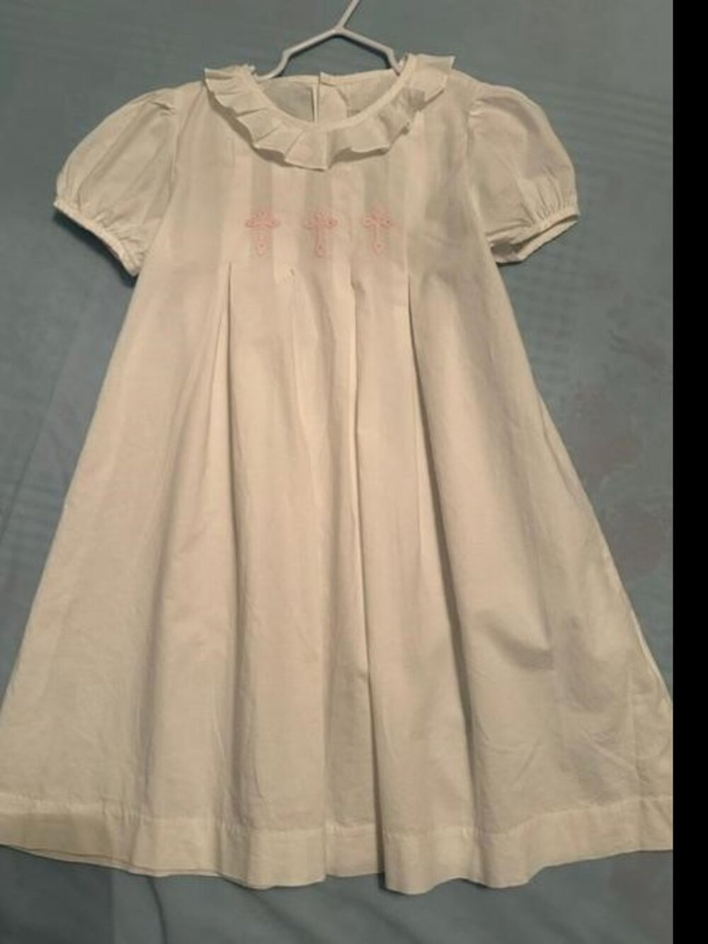 White Dress with pink crosses on front, size 5